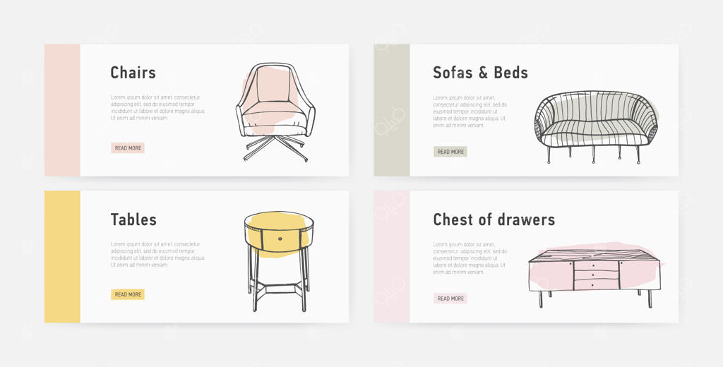 مجموعه قالب‌های وب بنر با انواع مبلمان راحت به سبک مدرن اسکاندیناویایی