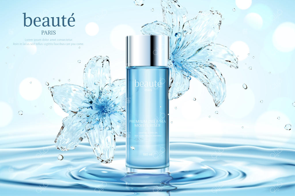 تبلیغات لوازم آرایشی مرطوب‌کننده با نیلوفر آبی شفاف بر روی امواج و پس‌زمینه‌ی براق و درخشان