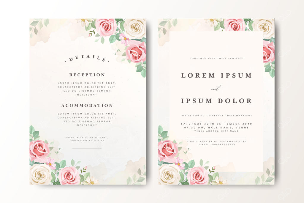 کارت دعوت عروسی گل‌دار برای جشن رمانتیک - طرح وکتور حرفه‌ای