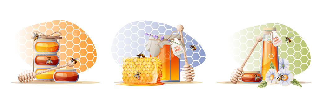 مجموعه‌ای از تصاویر شامل یک شیشه عسل، قاشق چوبی، زنبورها و گل‌ها