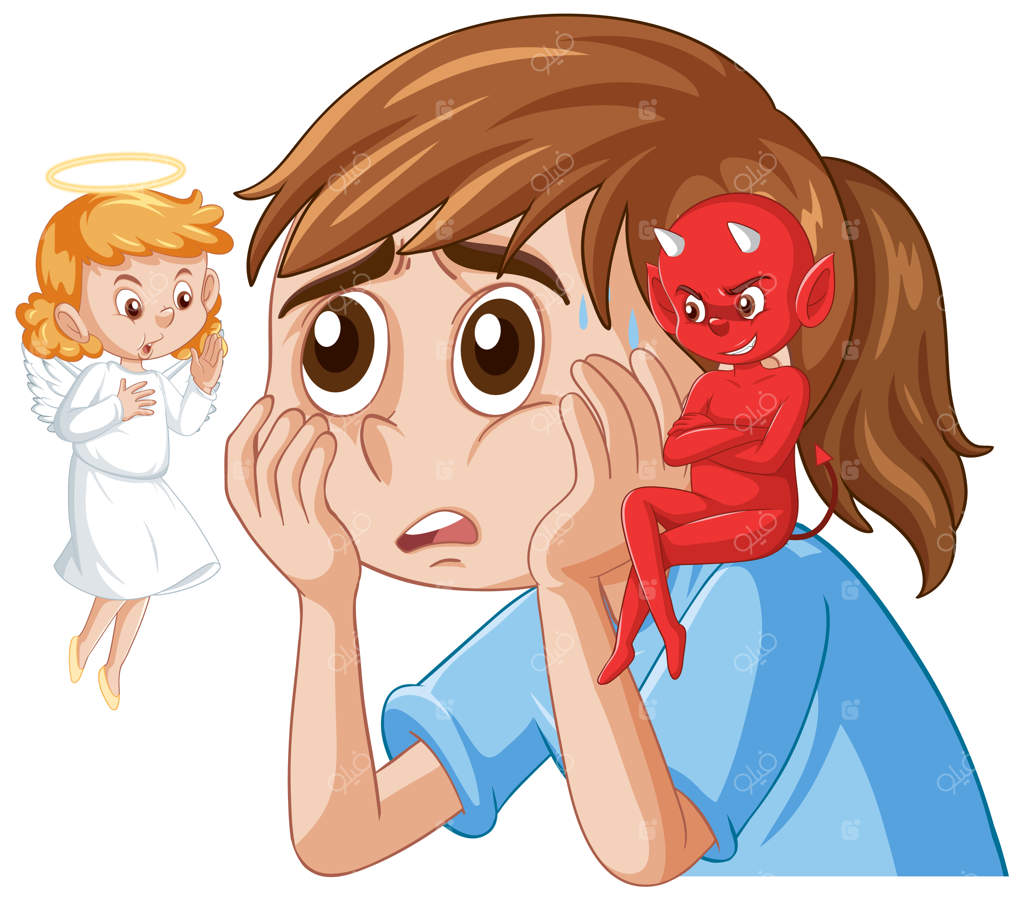 شخصیت کارتونی با شیطان و فرشته در افکار در حال مبارزه