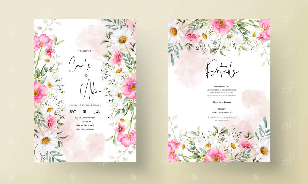 کارت دعوت عروسی با طراحی زیبای گل‌های آبرنگی شقایق و مروارید