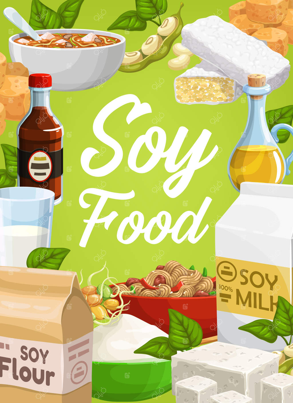 غذاهای سویا و محصولات سویایی: نودل، پنیر توفو، روغن سویا، آرد سویا، سس و جوانه‌های سویا با تمپه.