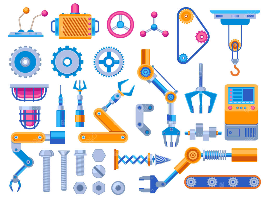 عناصر ماشینی: مجموعه کارتونی مکانیزم قطعات دنده، ماشین‌آلات صنعتی، جزئیات فنی خودرو، قطعات هیدرولیک، موتور، انتقال نیرو و چرخ‌دنده وکتور