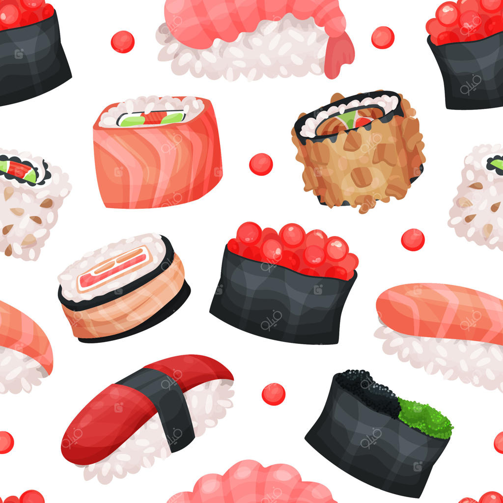 پترن یکپارچه غذای ژاپنی: طراحی پس‌زمینه، کاغذدیواری، روکش، پارچه و بسته‌بندی برای رستوران سوشی و سرویس تحویل