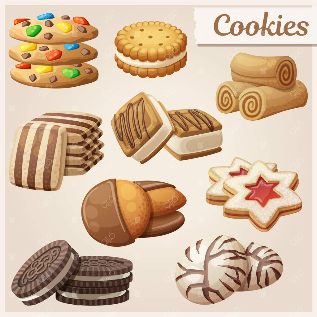 مجموعه‌ای از شیرینی‌های خوشمزه - تصویرسازی کارتونی وکتور. آیکون‌های خوراکی شیرین