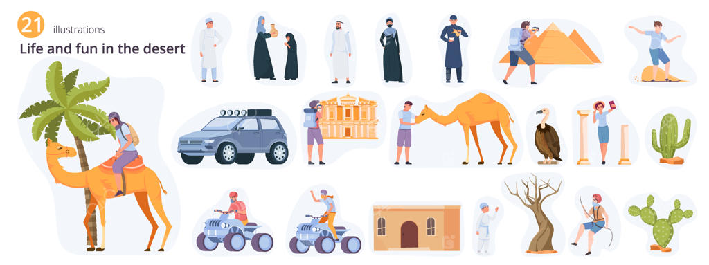 مجموعه طراحی بیابان با نمادهای جداگانه شتر، نخل، کاکتوس و شخصیت‌های انسانی عرب - تصویر برداری