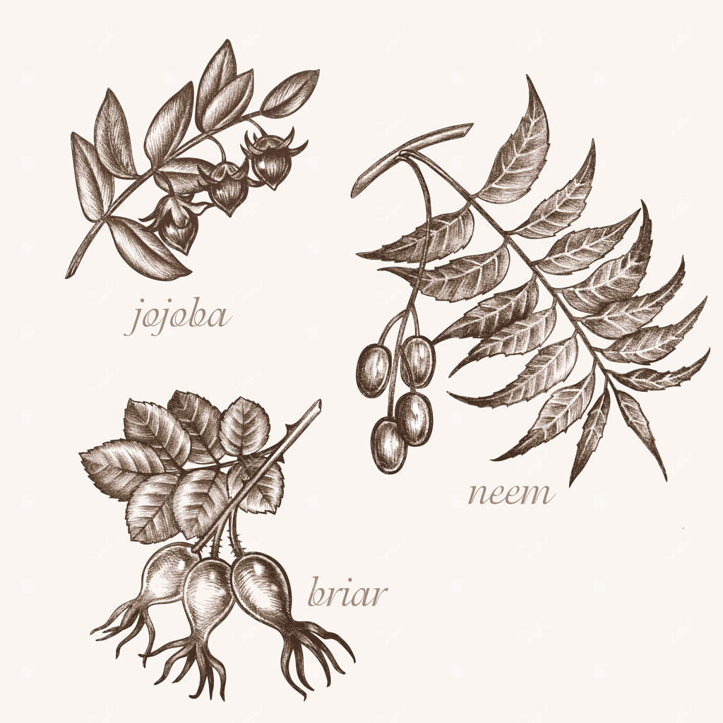 مجموعه‌ای از تصاویر وکتور گیاهان دارویی: مکمل‌های زیستی برای زندگی سالم - جوجوبا، نیم، نسترن.