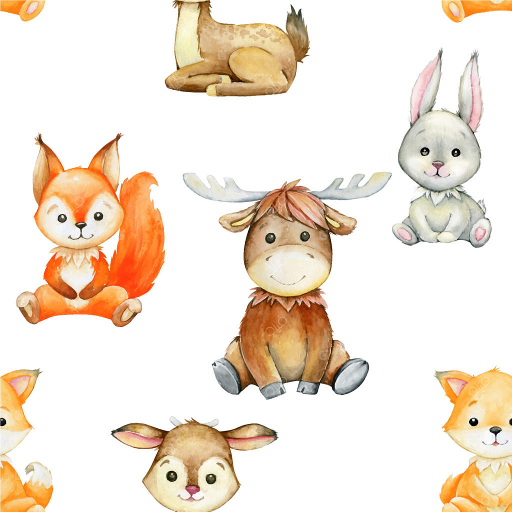 پترن یکپارچه حیوانات جنگل: گوزن، خرگوش، سنجاب و روباه به سبک کارتونی با آبرنگ