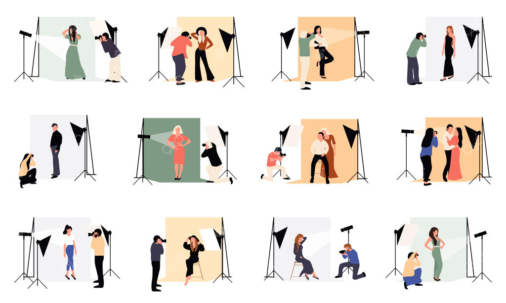 مجموعه عکاسان زن و مرد در آتلیه و مدل‌های خوش‌استایل در فضای باز