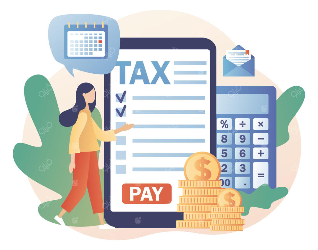 پرداخت آنلاین مالیات: زن کوچکی که فرم مالیاتی را پر می‌کند و با گوشی هوشمند قبض‌ها را پرداخت می‌کند، مفهوم تجارت.