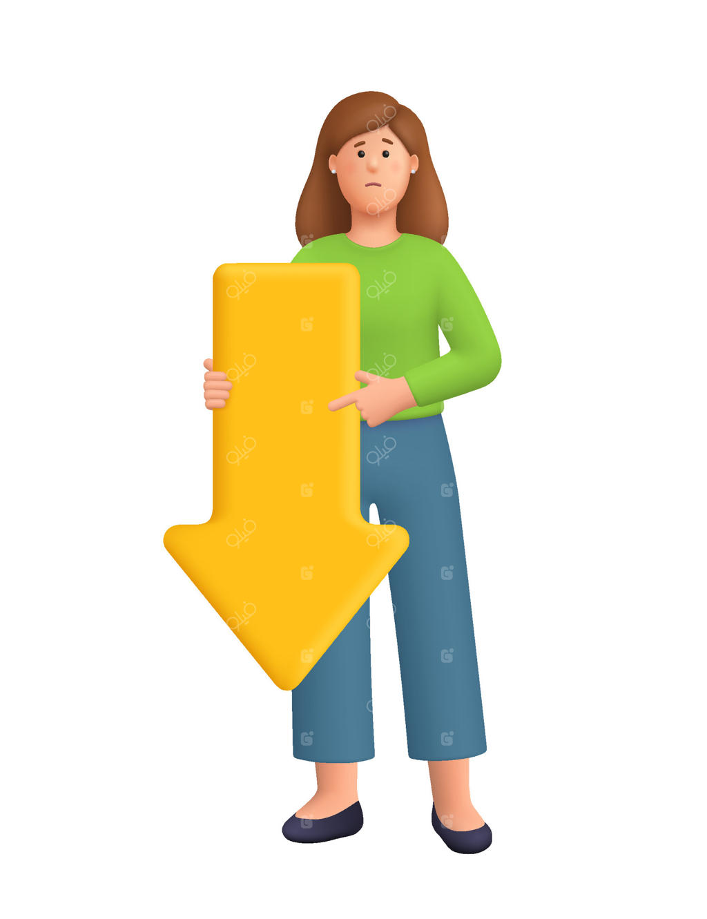 تصویر یک زن با پیکان اشاره به پایین با وکتور حرفه‌ای