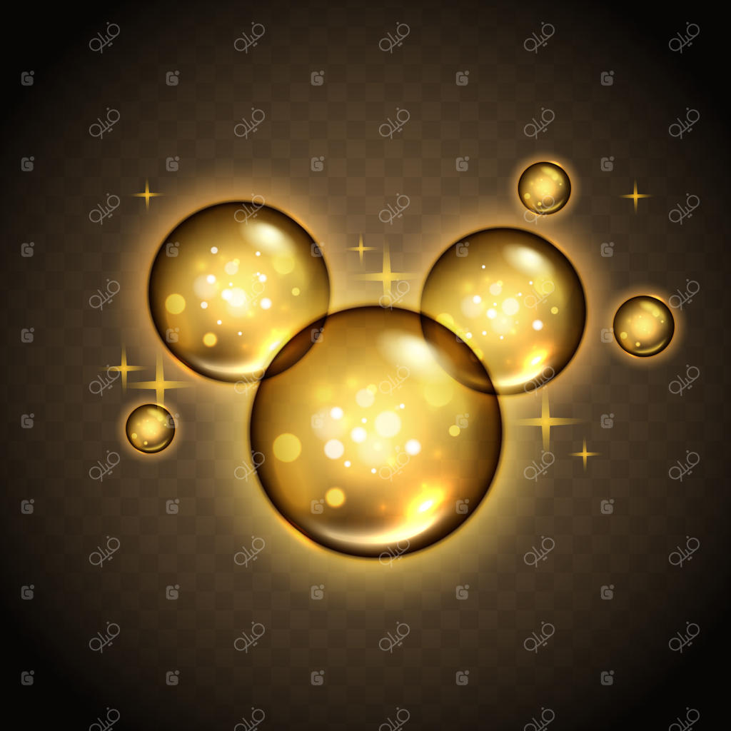 حباب‌های طلایی با درخشش جادویی و پس‌زمینه شفاف