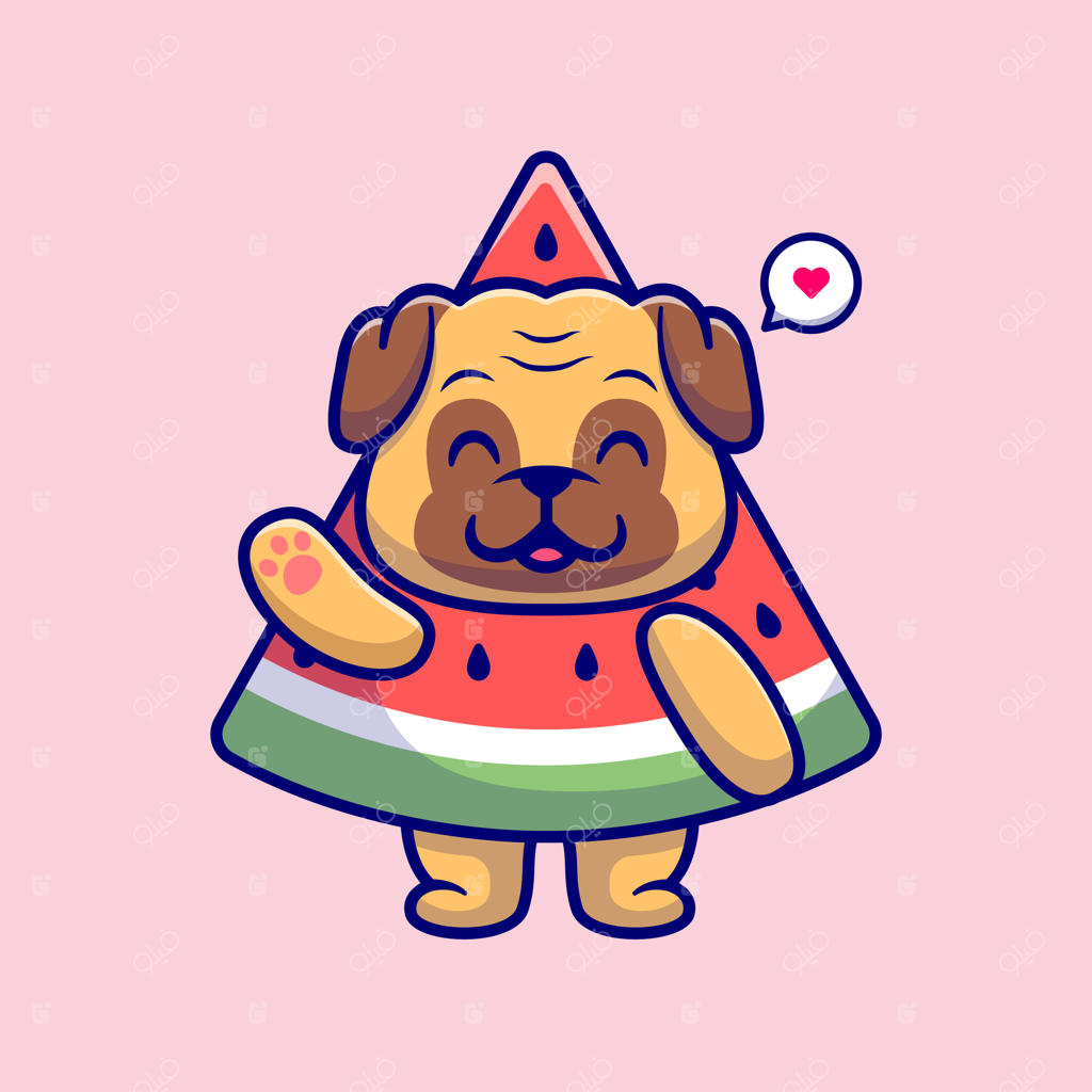 تصویر کارتونی وکتور سگ پاگ بامزه با هندوانه: آیکون ویژه و متمایز حیوانات و میوه‌ها