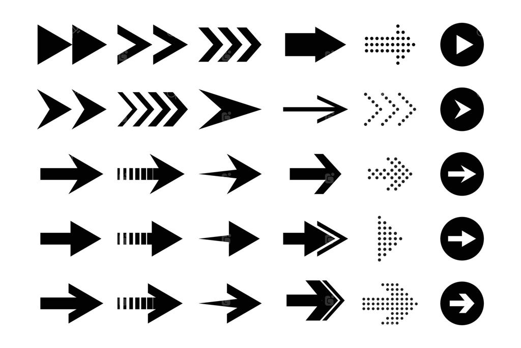مجموعه‌ای متنوع از آیکون‌های پیکان سیاه