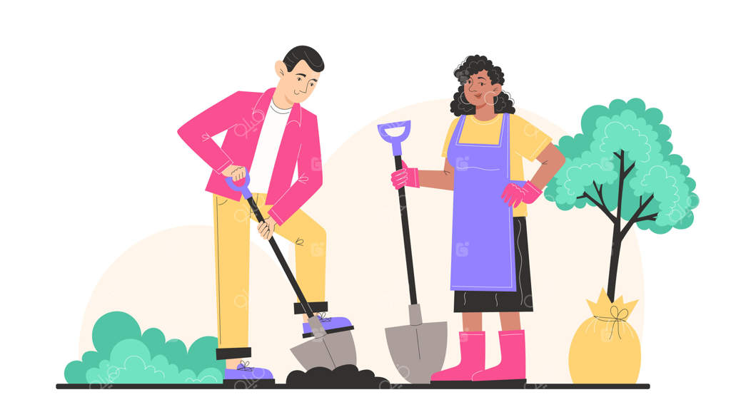 مردم از باغ مراقبت می‌کنند، مرد و زنی زمین را با بیل حفر و نهالی می‌کارند