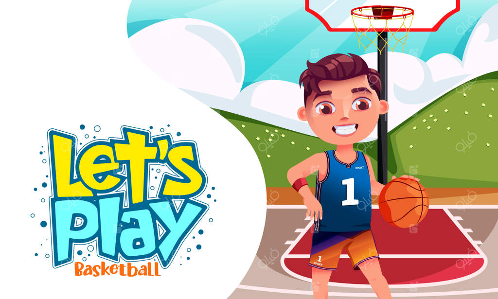 طراحی وکتور شخصیت ورزشی مدرسه: بیایید بازی کنیم با شخصیت پسربچه در حال بازی بسکتبال