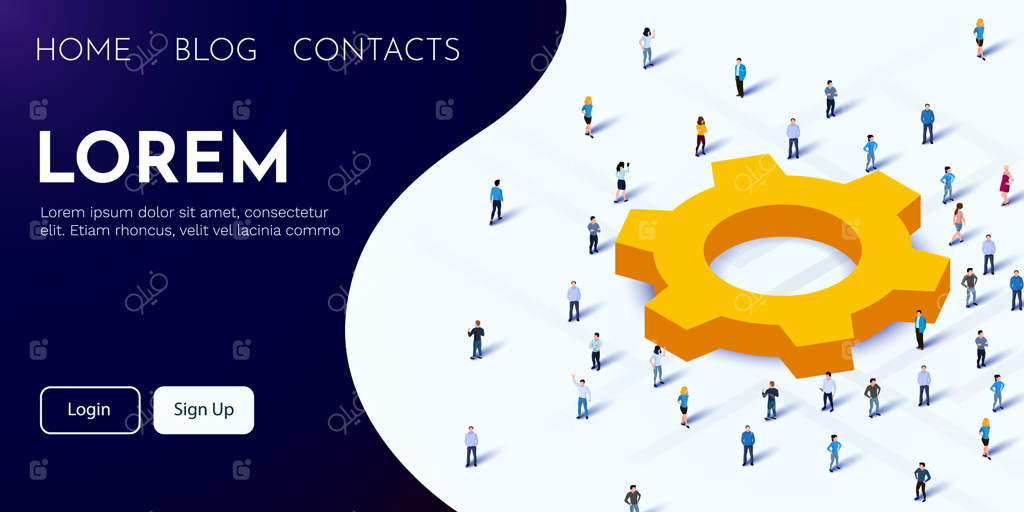 گروه بزرگی از افراد دور نماد چرخ‌دنده ایستاده‌اند