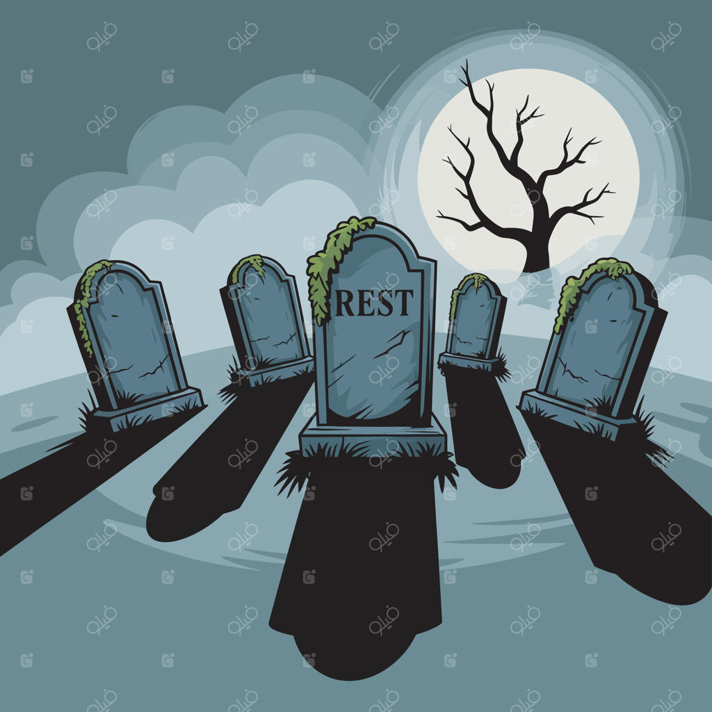 صحنه وهم‌آلود گورستان با سنگ‌قبرها زیر نور ماه، تصویرسازی چشم‌انداز تاریک قبرستان