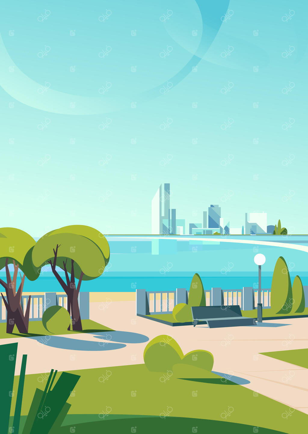 ساحل شهری در فصل تابستان. منظره شهری در حالت عمودی.