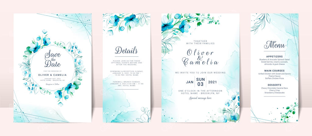 کارت دعوت عروسی آبی با طراحی گل‌های آبرنگی و پس‌زمینه انتزاعی