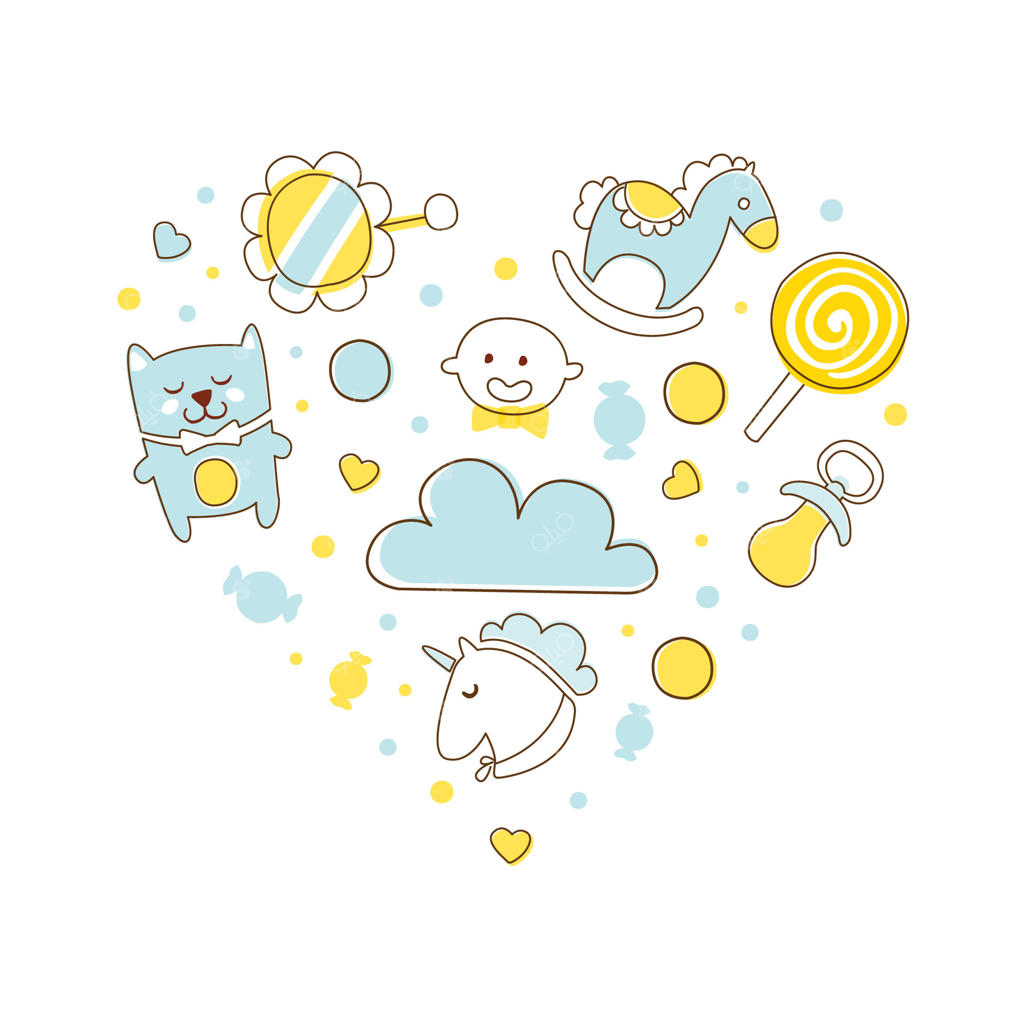 اسباب بازی های بامزه نوزاد با رنگ‌های پاستلی به شکل قلب - طراحی کارت دعوت، پوستر، بروشور، بنر فروشگاه کودک، کتابچه و پوشش کتاب با تصویرسازی کارتونی