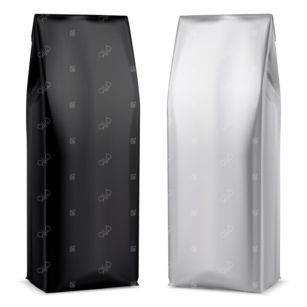 بسته فویلی قهوه: طراحی کیسه سیاه و سفید. پترن بسته بندی برای چای خاکستری، نوشیدنی خشک یا بسته نقره‌ای. ظرف محصول خوراکی یا بیسکوییت.