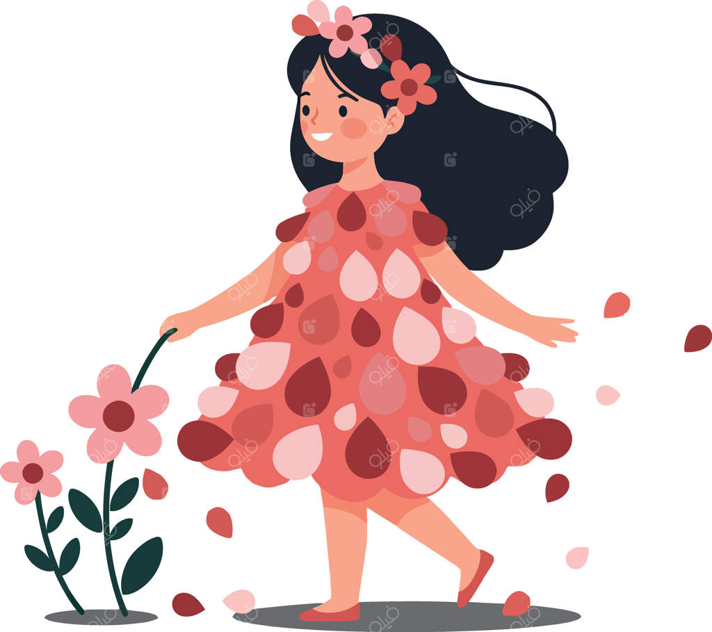 دختری شاد با لباسی گلدار و رنگارنگ در باغی پر از گل‌های شکفته در یک تصویرسازی شاد و ساده