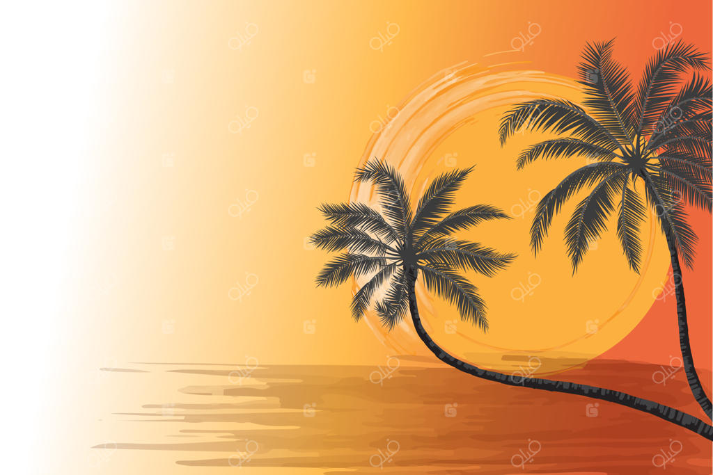 دو درخت نخل در غروب گرم و رنگین آسمان در ساحل