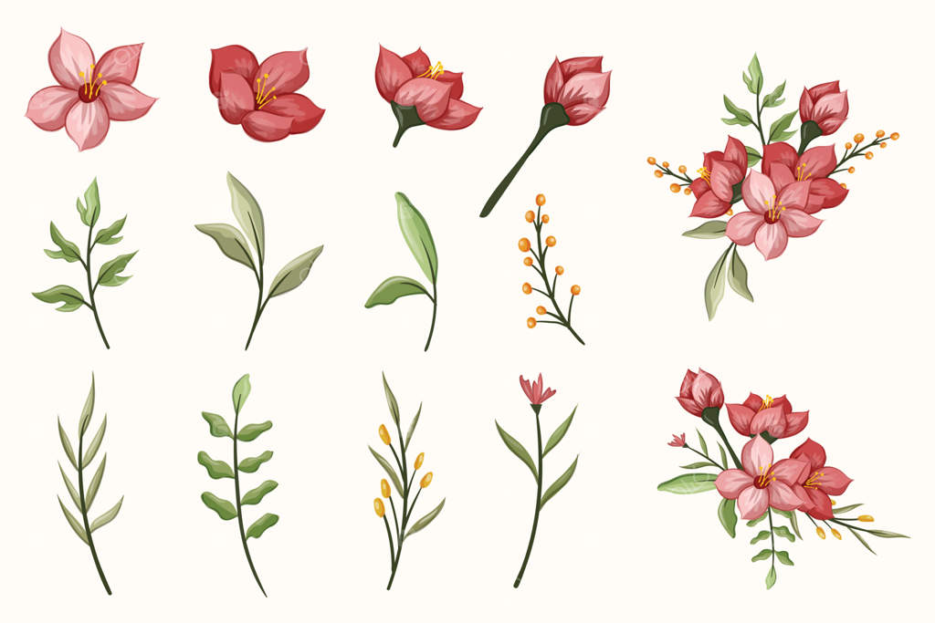 مجموعه عناصر گیاهی و گلدار: شاخه‌ها، برگ‌ها، گیاهان دارویی و وحشی، گل‌ها. مجموعه‌ای از برگ‌ها، شاخ‌وبرگ‌ها، و شاخه‌ها از باغ، چمنزار و دشت. تصویرسازی برداری گل‌ها روی پس‌زمینه‌ی سفید.