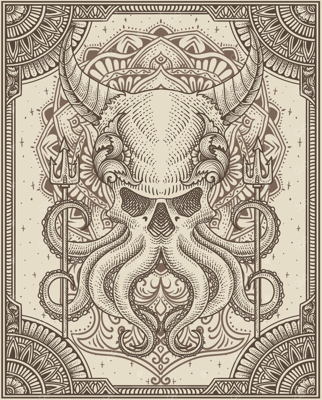 تصویر هشت‌پای شیطانی با دو نیزه سه شاخه و تزئین حکاکی قدیمی