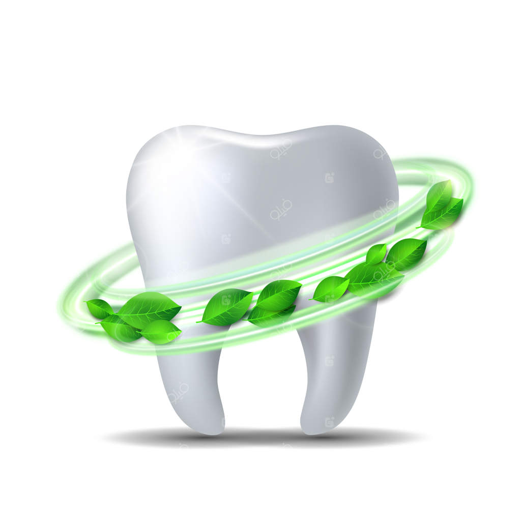 چرخش برگ‌های سبز در اطراف دندان سفید و براق