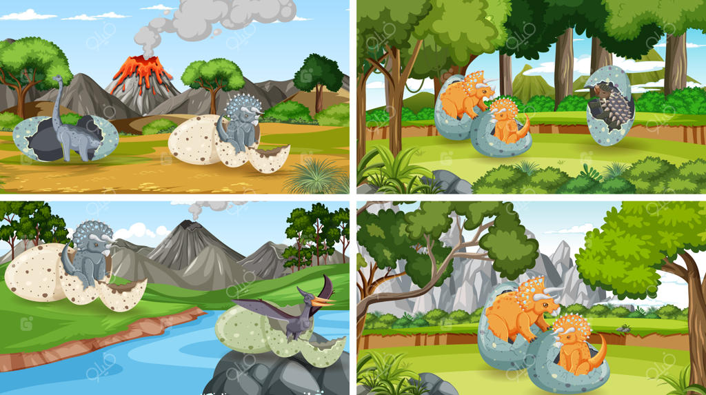 صحنه‌های مختلف از جنگل‌های پیشاتاریخی با دایناسورها به صورت کارتونی