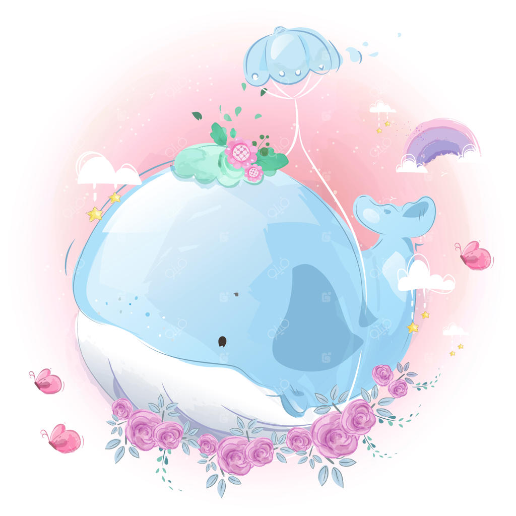 نهنگ کوچولوی بامزه در حال اولین تمرین پرواز با بادکنک در آسمان روشن.