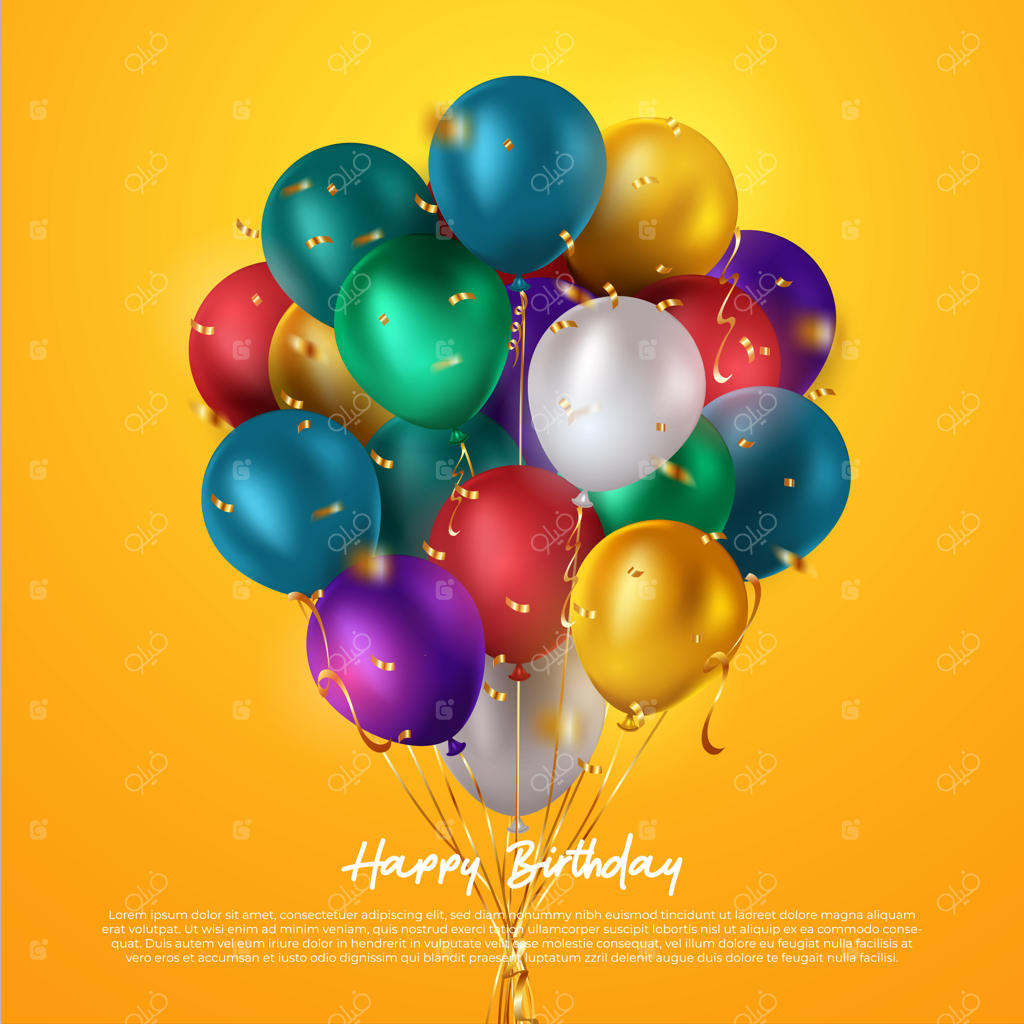 دسته‌ای واقعی و رنگارنگ از بادکنک‌های تولد در حال پرواز برای جشن و مهمانی با فضایی برای پیام، در پس‌زمینه سفید. تصویرسازی