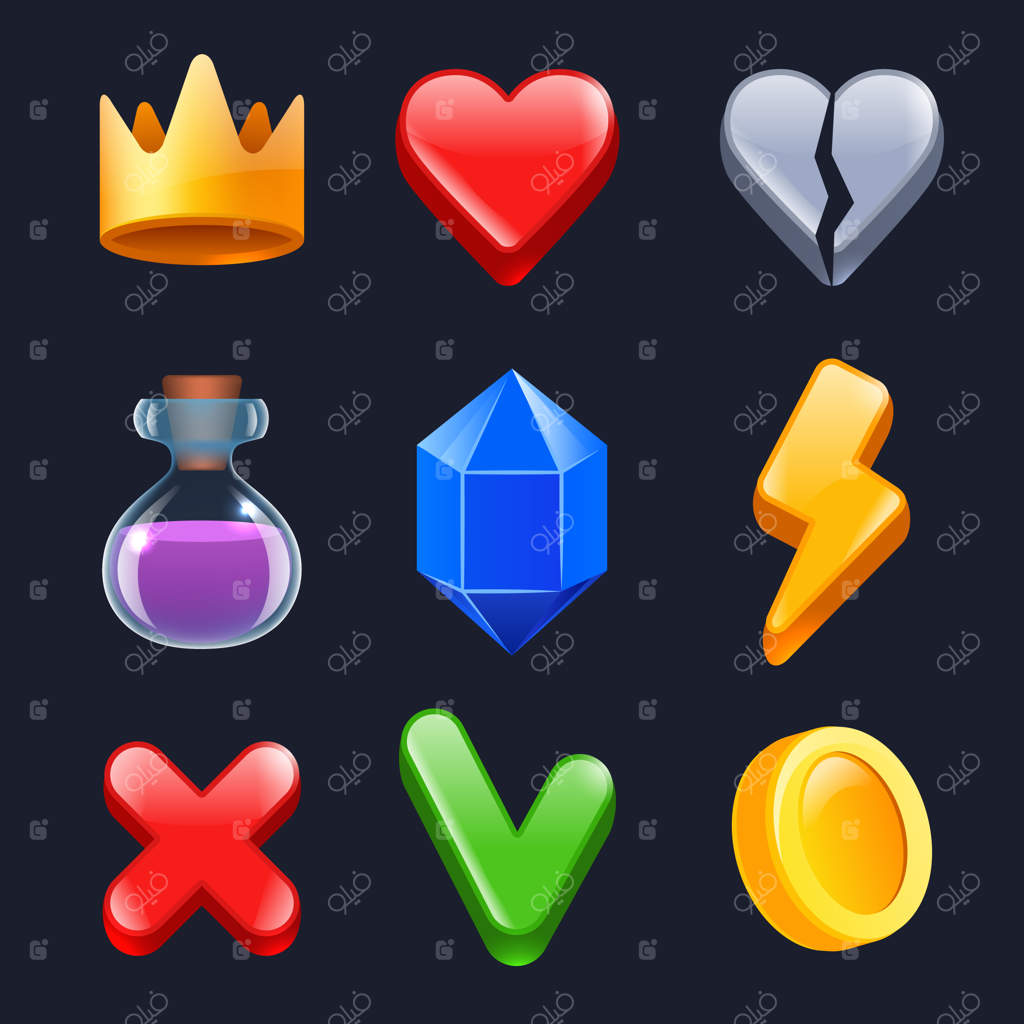 کیت رابط کاربری بازی: آیکون‌های استایل‌دار برای وب، دکمه‌های قفل شده طلایی، آیتم‌های رنگارنگ و ستاره‌های هوشمند
