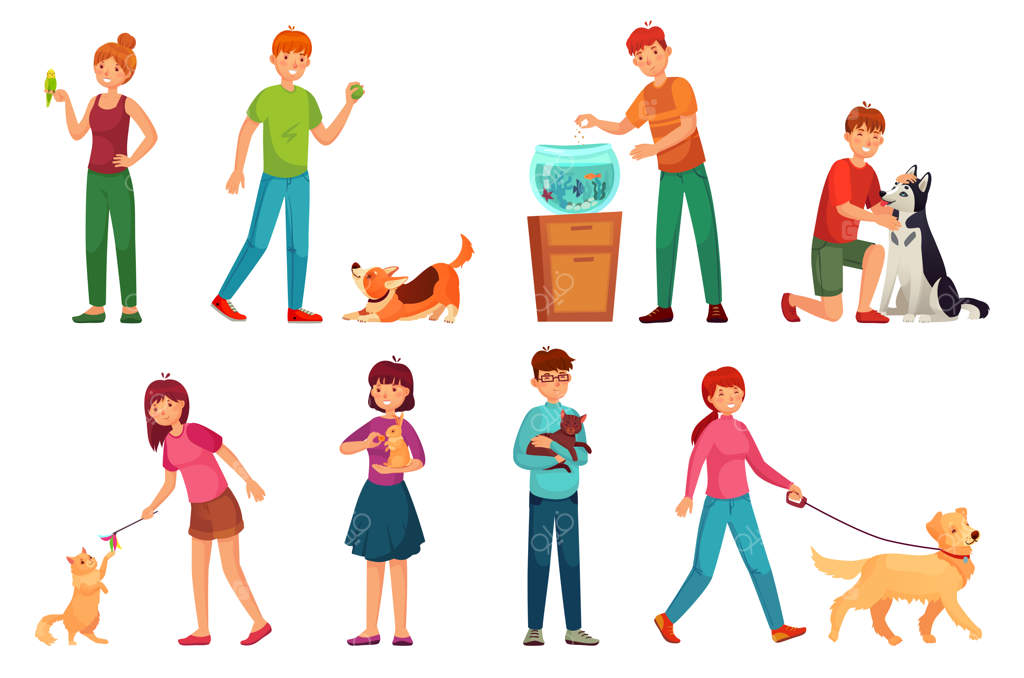 افرادی با حیوانات خانگی: بازی با سگ، حیوانات خانگی شاد و مجموعه ای از تصاویر کارتونی صاحبان سگ‌ها