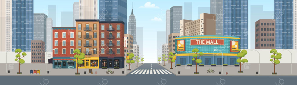 تاکید بر ساختمان‌های شهر پانوراما: خانه‌هایی با مغازه‌ها - بوتیک، کافه، کتابفروشی، مرکز خرید. تصویری هنری از این منظره.