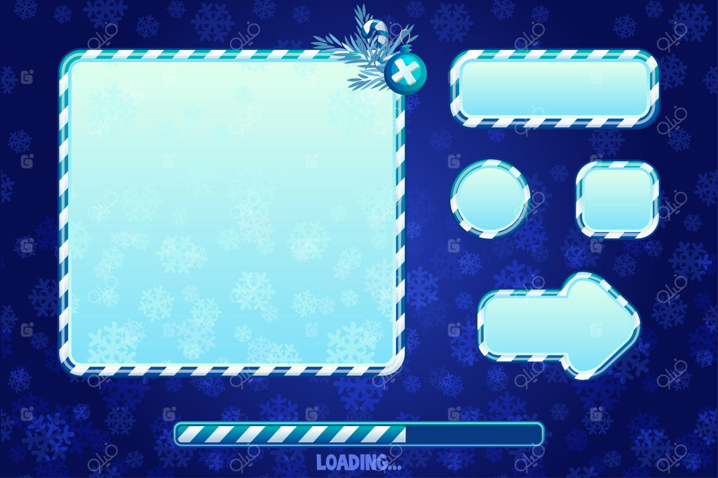 رابط کاربری کریسمس و عناصر طراحی برای بازی یا وب. دکمه‌ها و تابلوهای کارتونی. چارچوب و رابط کاربری بارگذاری بازی.