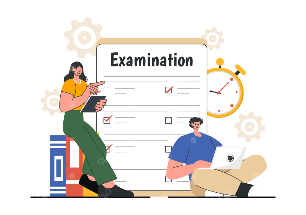 تصویر وکتور برگه امتحان و فرم آزمون آنلاین، پاسخ‌نامه، نظرسنجی یا کوییز اینترنتی با سبک طراحی تخت و پس‌زمینه کارتونی