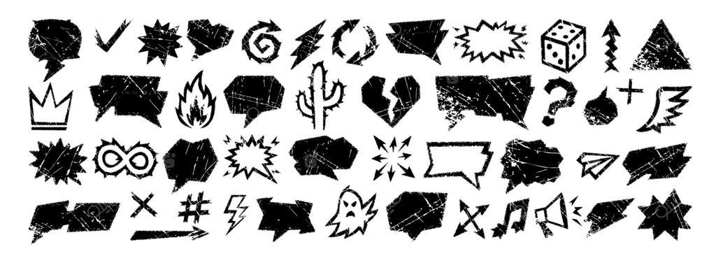 حباب گفت‌وگو با مدادشمعی همراه با جعبه متن مدادشمعی و بادکنک کشیده شده با گچ با بافت زبر. عناصر ناهماهنگ مدادشمعی شامل فلش‌ها، قاب‌های اسکچ، آیکون‌ها و علائم چت هستند.