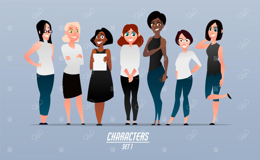 مجموعه‌ای از شخصیت‌های زن مدرن به سبک کارتونی.