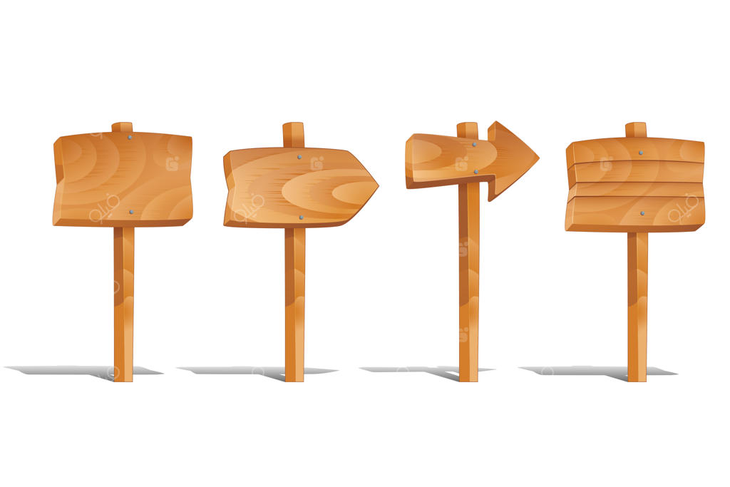 مجموعه علائم چوبی روی پس‌زمینه سفید. پیکان‌های چوبی بدون نوشته، پایه تخته‌ای. تصویرسازی وکتور علائم چوبی