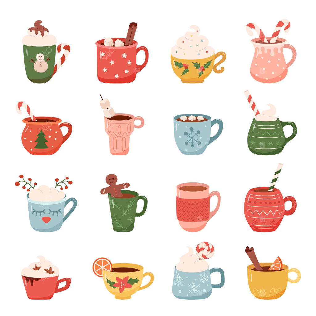 ماگ‌های جشن با شکلات داغ، قهوه و تزئینات فصلی مانند آب‌نبات نعنایی، مارشمالو و ادویه‌ها پر شده‌اند