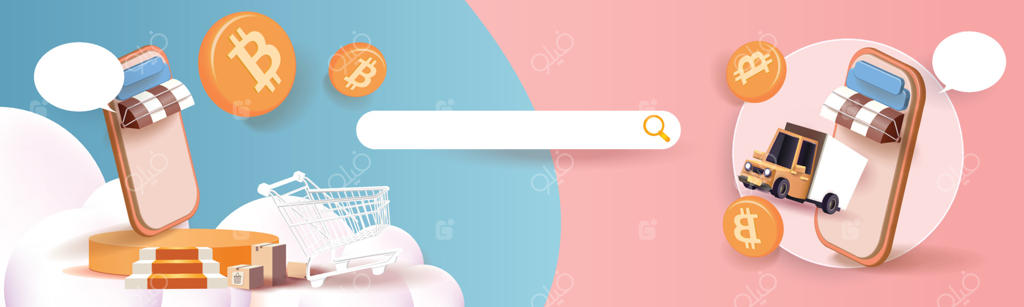 خرید و ارز دیجیتال با موبایل: تصویر برداری بنر سه‌بعدی بانکداری با بیت‌کوین، سکه‌های طلا، تجارت پول و بازار فروش.