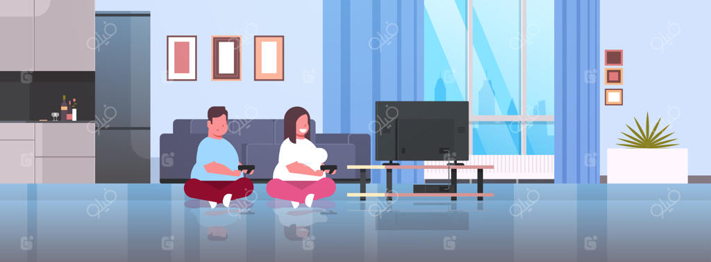 زن و شوهر در حال انجام بازی ویدیویی با دسته بازی جلوی تلویزیون