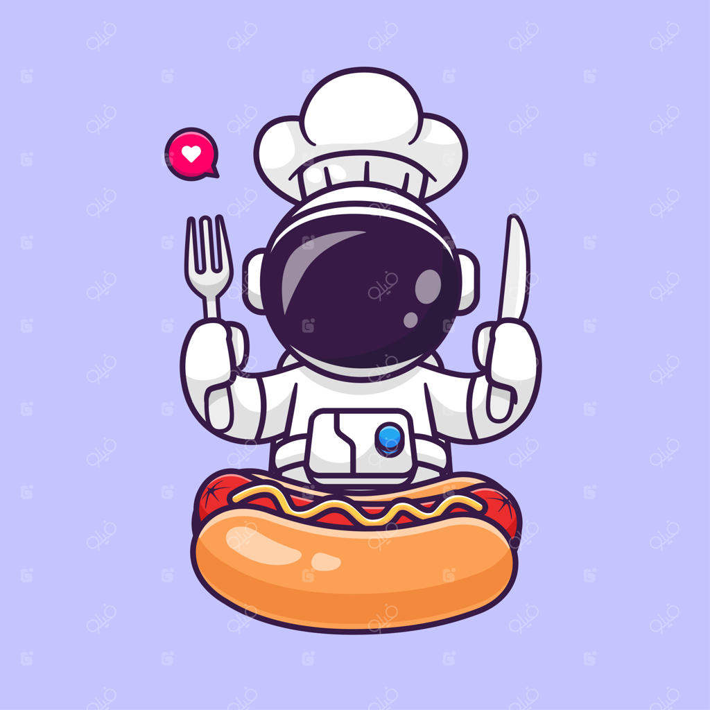 آیکون نقاشی سرآشپز فضانورد بامزه در حال خوردن هات‌داگ - تصویر برداری علمی و غذایی تخت و ایزوله شده