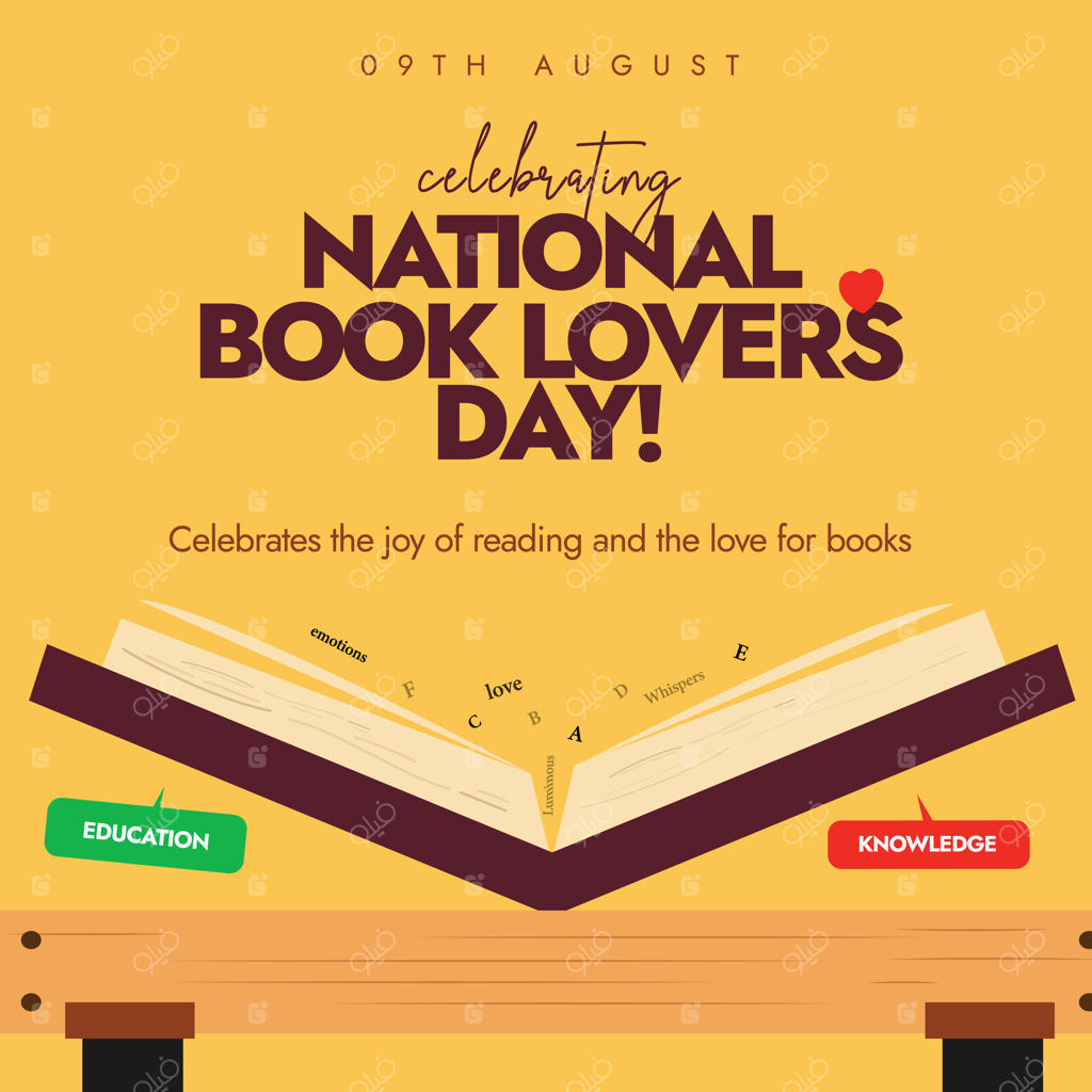 روز ملی عاشقان کتاب. ۹ اوت، جشن روز عاشقان کتاب همراه با بنری در شبکه‌های اجتماعی با تصویری از کتابی باز که کلمات و حروف از آن در حال پروازند. طراحی بنر مفهومی برای عاشقان کتاب.