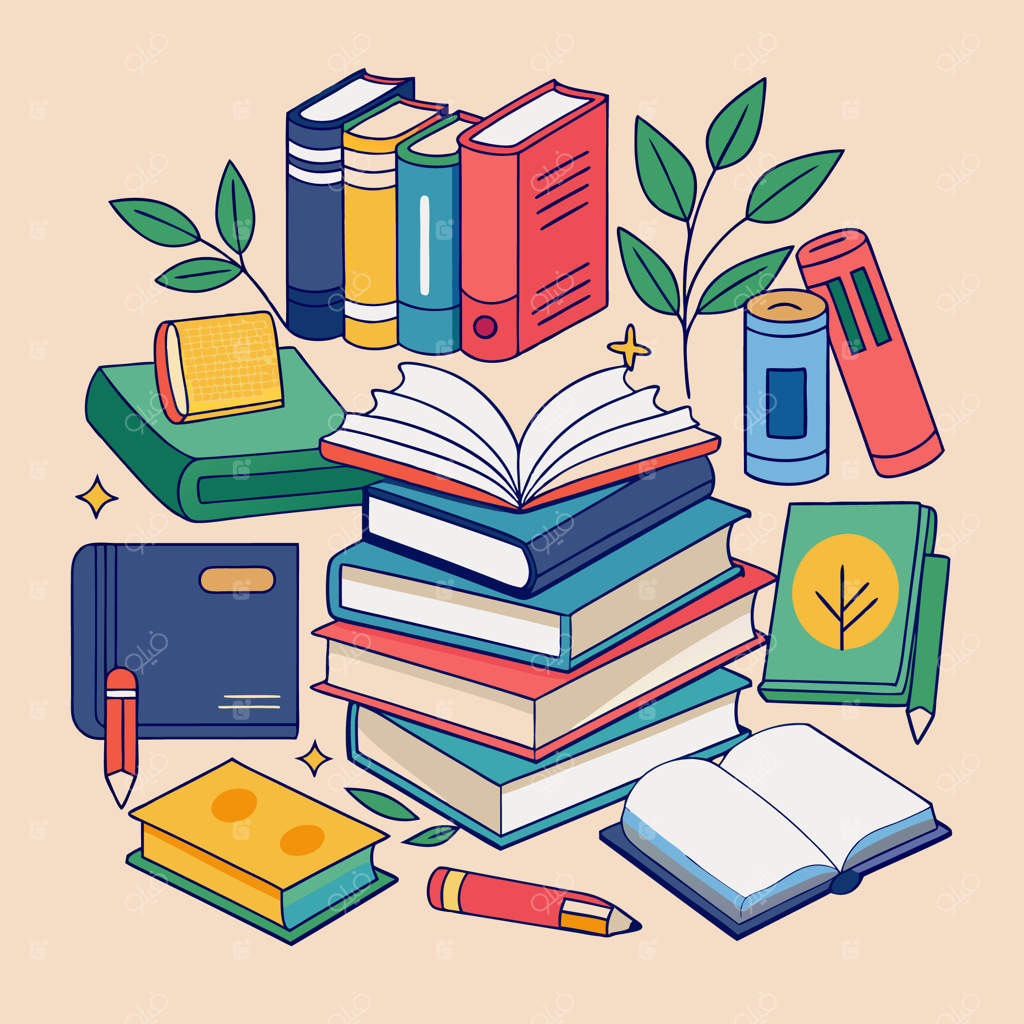 تصویرسازی آموزشی خلاقانه و رنگارنگ با کتاب‌ها و لوازم‌التحریر مدرسه