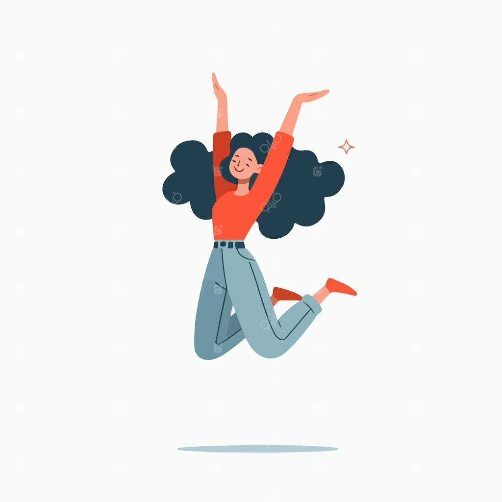 وکتور نوجوان مو فرفری شاد در حال پرش با طراحی تخت، ساده و مینیمال